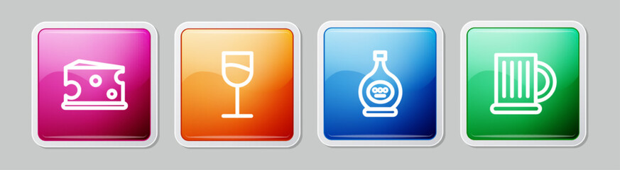 Set line Cheese, Wine glass, Bottle of cognac or brandy and Wooden beer mug. Colorful square button. Vector