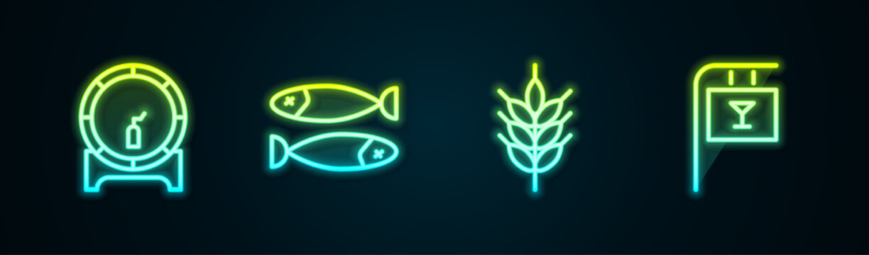 Set line Wooden barrel on rack, Dried fish, Hop and Street signboard with Bar. Glowing neon icon. Vector