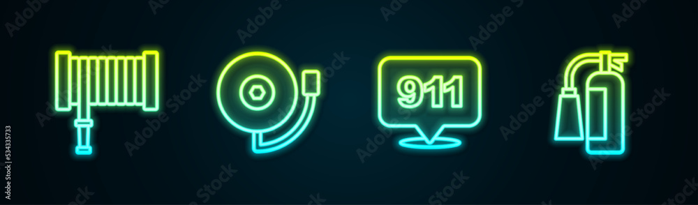 Sticker set line fire hose reel, ringing alarm bell, emergency call 911 and extinguisher. glowing neon icon.