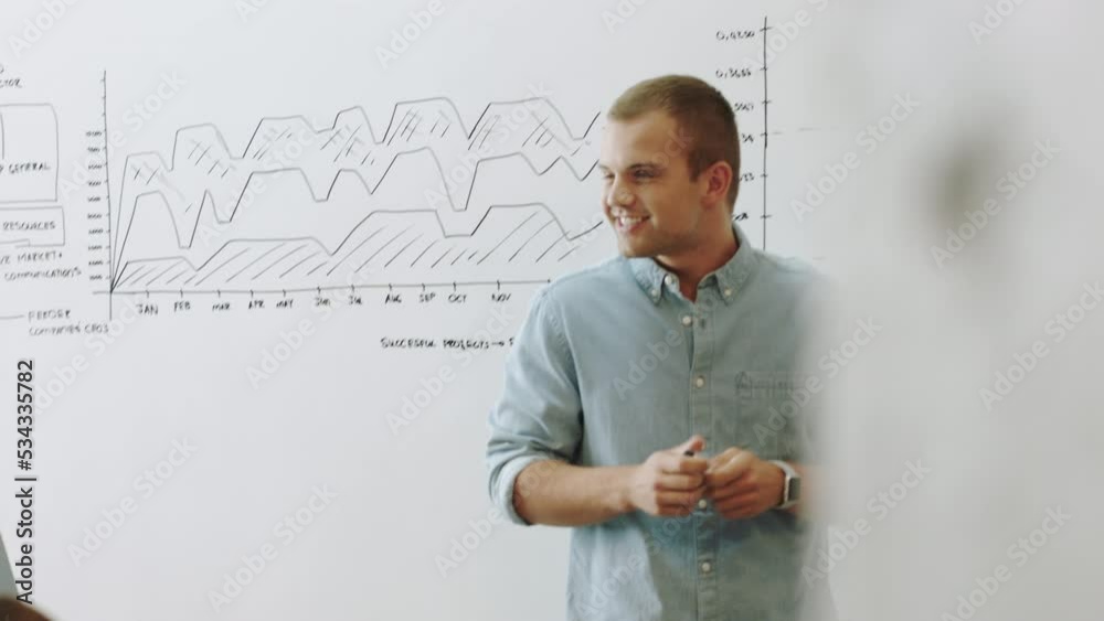 Poster Presentation, leader and speaker explaining graphs, charts and SEO data on a whiteboard during meeting or workshop. Happy business marketing analyst talking about growth and profit vision with team