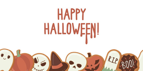 Seamless border of Halloween cookies and lettering - Happy Halloween! Cute vector illustration.