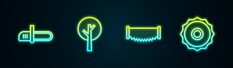 Set line Chainsaw, Tree, Two-handed and ircular blade. Glowing neon icon. Vector