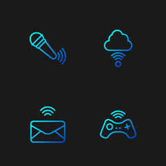 Set line Wireless gamepad, Mail and e-mail, microphone and Network cloud connection. Gradient color icons. Vector