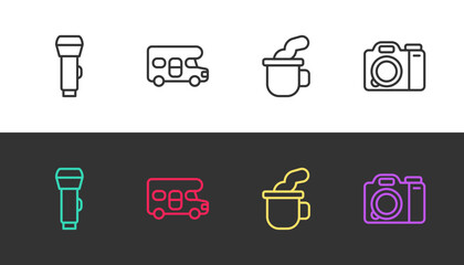 Set line Flashlight, RV motorhome vehicle, Cup of tea and Photo camera on black and white. Vector