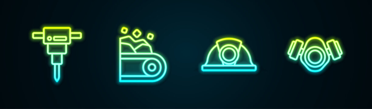 Set Line Construction Jackhammer, Conveyor Belt Carrying Coal, Miner Helmet And Gas Mask. Glowing Neon Icon. Vector