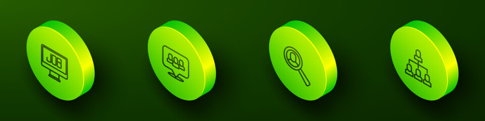 Set Isometric line Search job, Project team base, Magnifying glass for search and Employee hierarchy icon. Vector