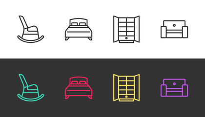 Set line Rocking chair, Big bed, Wardrobe and Armchair on black and white. Vector