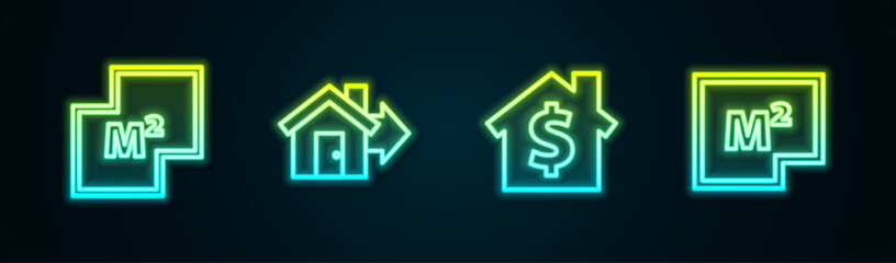 Set line House plan, Sale house, with dollar symbol and . Glowing neon icon. Vector