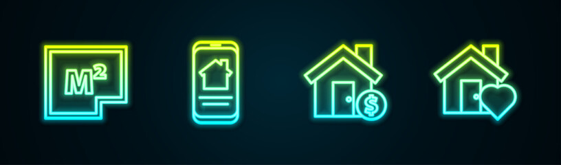 Set line House plan, Online real estate house, with dollar symbol and heart shape. Glowing neon icon. Vector
