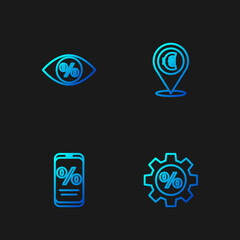 Set line Gear with percent, Percent discount and mobile, Eye and Cash location. Gradient color icons. Vector