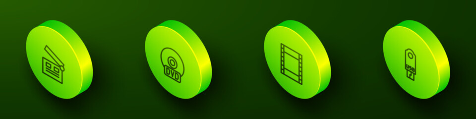 Set Isometric line Movie clapper, CD or DVD disk, Play Video and USB flash drive icon. Vector