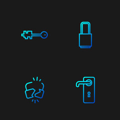Set line Door handle, Broken cracked lock, Old key and Lock. Gradient color icons. Vector