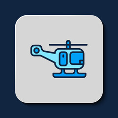 Filled outline Rescue helicopter aircraft vehicle icon isolated on blue background. Vector