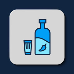 Filled outline Vodka with pepper and glass icon isolated on blue background. Ukrainian national alcohol. Vector