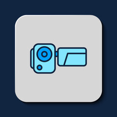Filled outline Cinema camera icon isolated on blue background. Video camera. Movie sign. Film projector. Vector