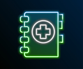 Glowing neon line Medical clipboard with clinical record icon isolated on black background. Prescription, medical check marks report. Colorful outline concept. Vector