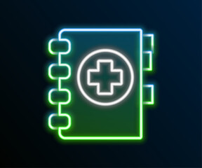 Obraz premium Glowing neon line Medical clipboard with clinical record icon isolated on black background. Prescription, medical check marks report. Colorful outline concept. Vector