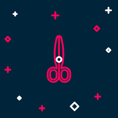 Fototapeta premium Line Scissors icon isolated on blue background. Tailor symbol. Cutting tool sign. Colorful outline concept. Vector
