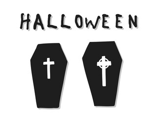 Halloween 2022 - October 31. A traditional holiday. Trick or treat. Vector illustration in hand-drawn doodle style. Set of silhouettes of graves with crosses.
