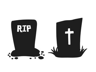 Halloween 2022 - October 31. A traditional holiday. Trick or treat. Vector illustration in hand-drawn doodle style. Set of silhouettes of graves with crosses.