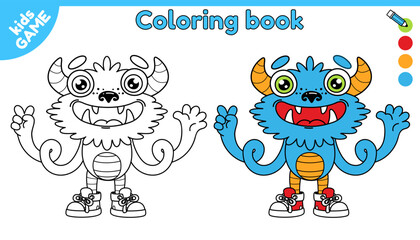 Monster outline and colorful monster. Coloring book. Vector illustration of cartoon mutant in childish style.