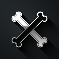 Silver Crossed bones icon isolated on black background. Pets food symbol. Happy Halloween party. Long shadow style. Vector