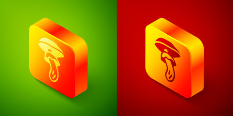 Isometric Psilocybin mushroom icon isolated on green and red background. Psychedelic hallucination. Square button. Vector