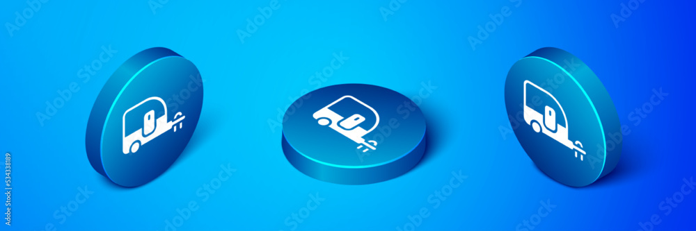 Sticker Isometric Rv Camping trailer icon isolated on blue background. Travel mobile home, caravan, home camper for travel. Blue circle button. Vector