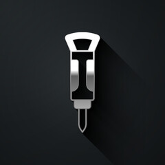 Silver Construction jackhammer icon isolated on black background. Long shadow style. Vector