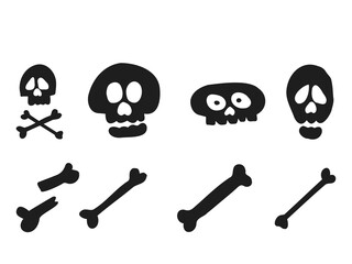 Halloween 2022 - October 31. A traditional holiday. Trick or treat. Vector illustration in hand-drawn doodle style. Set of silhouettes of human skulls with bones.