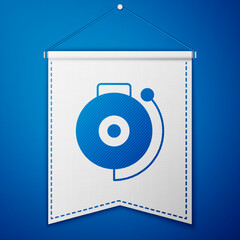 Blue Ringing alarm bell icon isolated on blue background. Fire alarm system. Service bell, handbell sign, notification symbol. White pennant template. Vector