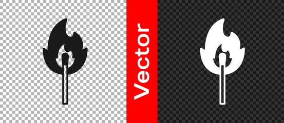 Black Burning match with fire icon isolated on transparent background. Match with fire. Matches sign. Vector