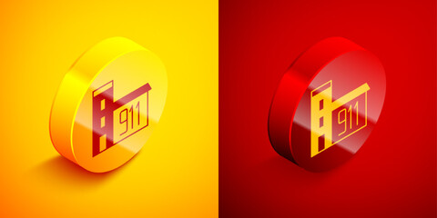 Isometric Building of fire station icon isolated on orange and red background. Fire department building. Circle button. Vector