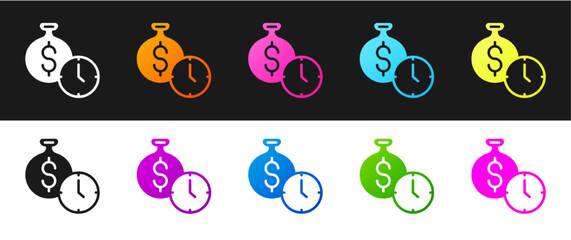 Set Time is money icon isolated on black and white background. Money is time. Effective time management. Convert time to money. Vector