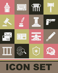 Set Scales of justice, Fountain pen nib, Pistol or gun, Law pillar, Feather and inkwell, Judge gavel, and Stamp icon. Vector