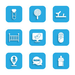 Set Baby, Speech bubble mom, bottle, Newborn baby infant swaddled, dummy pacifier, crib cradle, shoes and clothes pin icon. Vector