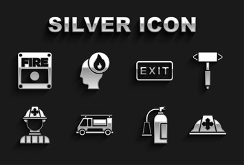 Set Fire truck, Firefighter axe, helmet, extinguisher, exit, alarm system and icon. Vector