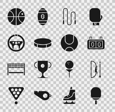 Set Racket for playing table tennis, Bow and arrow quiver, Sport mechanical scoreboard, Jump rope, Hockey puck, Steering wheel, Basketball ball and Tennis icon. Vector