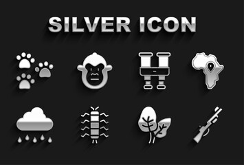 Set Centipede insect, Map of Africa, Hunting gun, Tropical leaves, Cloud with rain, Binoculars, Paw print and Monkey icon. Vector