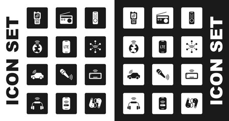 Set Remote control, LTE network, Global technology, Walkie talkie, Network, Radio, Computer keyboard and Smart car system icon. Vector