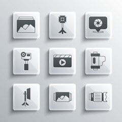 Set Photo frame, Camera photo lens, film roll cartridge, Movie clapper, Studio light bulb in softbox, Action extreme camera, and shutter icon. Vector