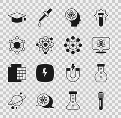 Set Test tube, Atom, Molecule, Graduation cap and Virus icon. Vector