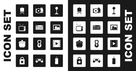 Set Joystick for arcade machine, Music synthesizer, Retro tv, Easel painting art boards, Postal stamp, Photo camera, Play Video and Cooking pot icon. Vector