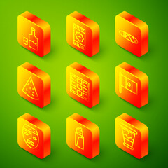 Set line Tequila bottle and glass, Mexican carpet, Cigar, Nachos, Chocolate bar, Mexico flag, Aztec mask and Burrito icon. Vector