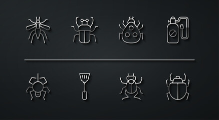 Set line Mosquito, Spider, Pressure sprayer, Beetle bug, Fly swatter, Stink, Mite and Ladybug icon. Vector