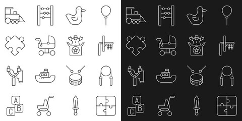 Set line Puzzle pieces toy, Jump rope, Basketball backboard, Rubber duck, Baby stroller, Toy train and Jack the box icon. Vector
