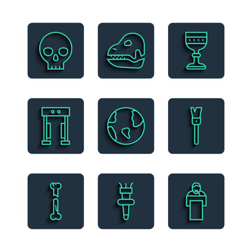 Set line Human broken bone, Torch flame, Gives lecture, Medieval goblet, Earth globe, Metal detector, skull and Paint brush icon. Vector