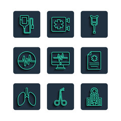 Set line Lungs, Medical scissors, hospital building, Crutch crutches, Monitor with cardiogram, Heart rate, IV bag and Clinical record icon. Vector