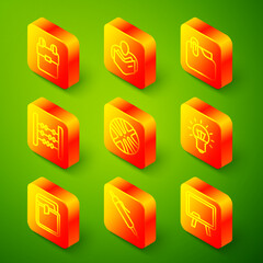 Set line School backpack, Man reading book, Document folder with clip, Abacus, Basketball ball, Light bulb, Book and Pen icon. Vector