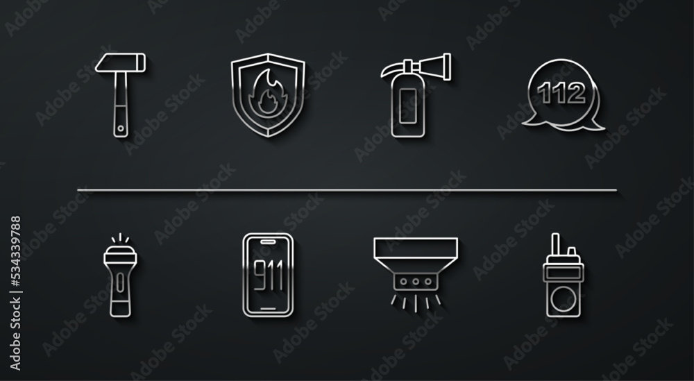 Poster Set line Hammer, Flashlight, Emergency call, Fire sprinkler system, Mobile emergency 911, protection shield, Walkie talkie and extinguisher icon. Vector